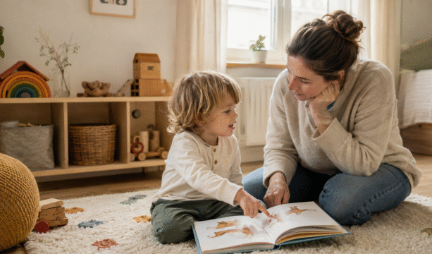 Mutter betrachtet mit ihrem Kleinkind ein Bilderbuch und begleitet seine Sprachentwicklung aufmerksam - KI generiert
