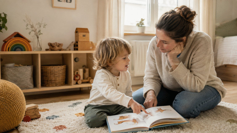 Mutter betrachtet mit ihrem Kleinkind ein Bilderbuch und begleitet seine Sprachentwicklung aufmerksam - KI generiert