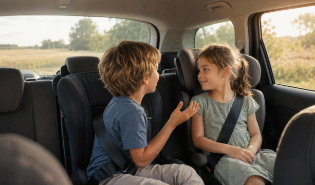 Zwei Kinder spielen während einer Autofahrt gemeinsam ein Sprachspiel ohne Material. - KI generiert