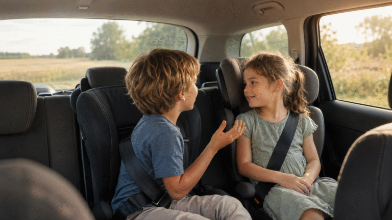 Zwei Kinder spielen während einer Autofahrt gemeinsam ein Sprachspiel ohne Material. - KI generiert
