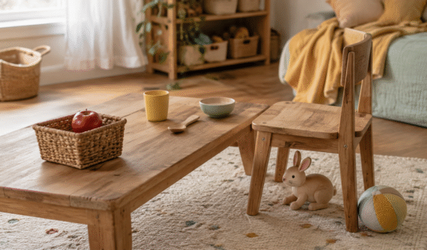 Apfel im Korb, Spielzeughase unter einem Kinderstuhl und Ball daneben als spielerische Symbole für Sprachverständnis. - KI generiert