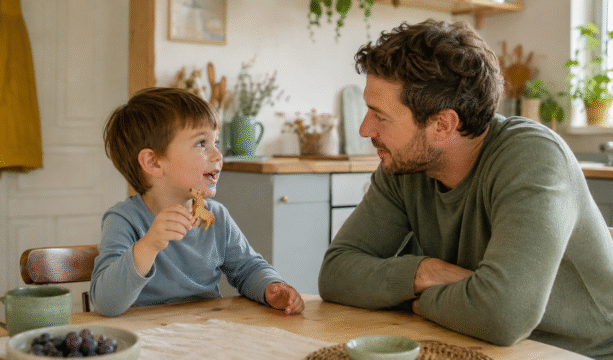 Vater hört seinem Kindergartenkind aufmerksam zu und greift dessen Erzählung im Gespräch auf - KI generiert
