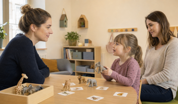 Logopädin spielt in einer Therapiesitzung mit einem Kindergartenkind, während die Mutter zusieht - KI generiert